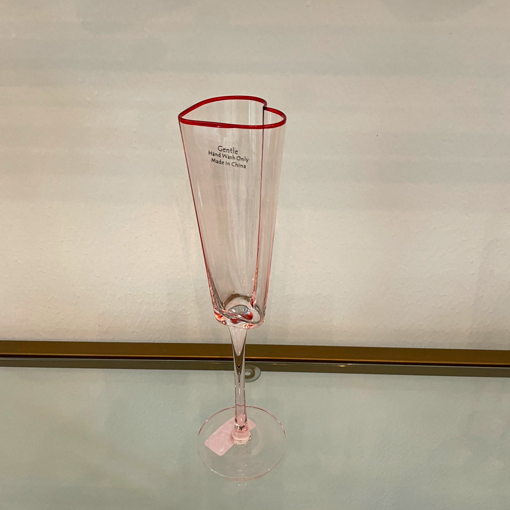 Pink Heart Shaped Champagne Flute Glass Red Rim Valentines Day NEW